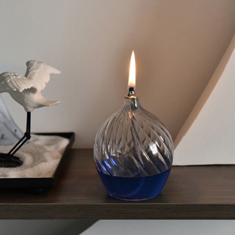 lampe à huile ronde bleu en verre 